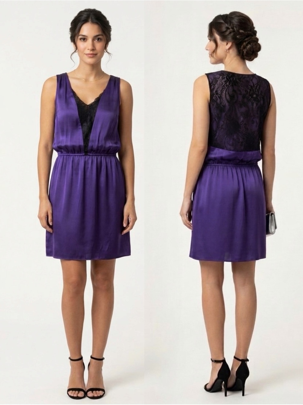NWT Jenny Han Purple Silk Black Lace Mini Cocktail Slip Dress Size Large